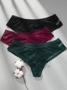 VKME Set de 3 Tangas de lencería sexy de cintura baja con contraste de encaje calado