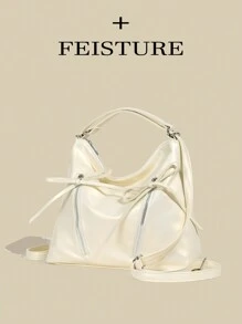 FEISTURE 1入實色休閒款式PU皮革肩背桶包，配有蝴蝶結裝飾，適用於旅遊、購物、約會，並且可以作為青少年女孩、大學生、新手和上班族的禮物，適用於職場、校園、商務、通勤、戶外和旅遊。 - 米色 - 查看 1