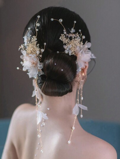 2pcs Flower & Faux Pearl Decor Bridal Hair Clip Elegant Tiaras Halloween