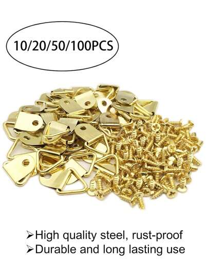 Colgador de fotos de anillo triangular pequeño de acero con tornillos para marcos de fotos, relojes, pinturas y fotos de arte (oro) (10/20/50/100 unidades)