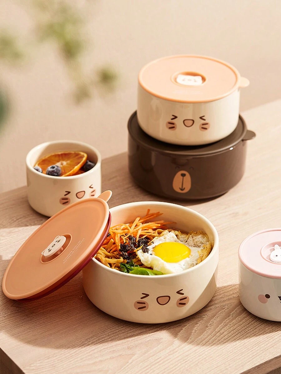 帶蓋陶瓷保鮮碗，密封便當盒，適用於學生和家庭用圓形湯碗，隔熱餐具 - 棕色 - 查看 1
