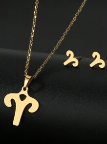3pcs Stainless Steel Zodiac Sign Necklace And Earrings Set - Gold - View 17