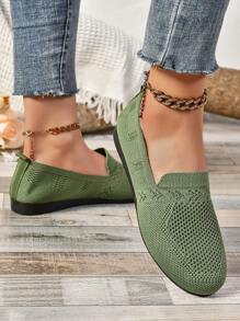 女士休閒針織樂福鞋，輕便時尚的平底鞋，淺口低頂柔軟底鞋
