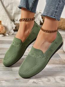 女士休閒針織樂福鞋，輕便時尚的平底鞋，淺口低頂柔軟底鞋