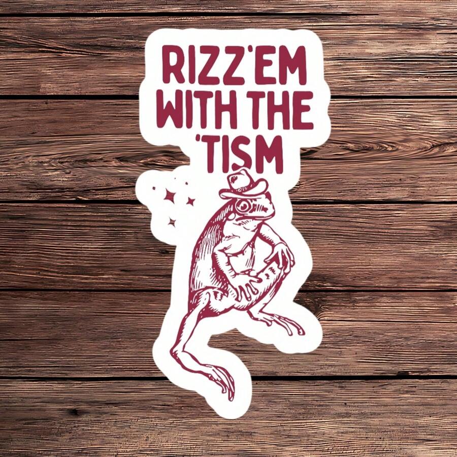 1PC Rizz Em With The Tism Frog Waterproof Vinyl Sticker Decal - Quirky Frog Meme, Durable And Weatherproof, Ideal For Laptops, Water Bottles, And Cars | Back To School - Multicolor - View 1