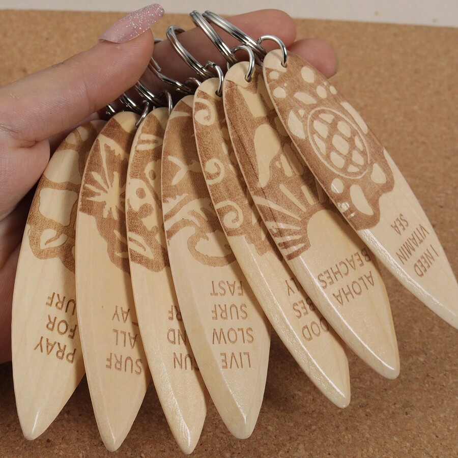 Set de 7 llaveros de tabla de surf de madera, divertidos llaveros de