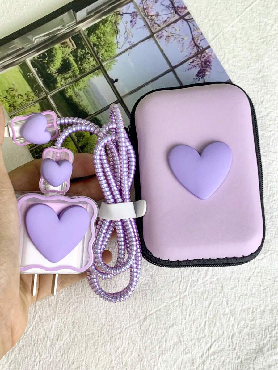 6-teiliges Apple Ladegerät Schutzsatz (Datenkabel, Kabelgebundene Ohrhörer, Kabellose Ohrhörer) + EVA Aufbewahrungstasche Kabelorganisator - Violett - Übersicht 1