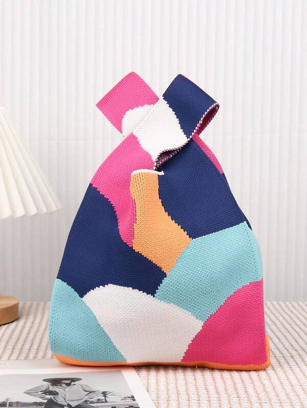 1 Piece Color Block Patchwork Knitted Breathable Lightweight Foldable Portable Bag For Mobile Phone, Umbrella, Cosmetics - Stain-Resistant, Open Top, Fashionable Women's Handbag - Suitable For Daily, Vacation, School, Commute, Shopping, Photography, Travel, Camping - Ideal As A Gift, Celebration, Wedding Favor, Suitable For Girls, Ladies, Suitable For All Seasons, Best Mother's Day Gift Ideas, Mother Day Gifts, Mom Gifts, For Going Out