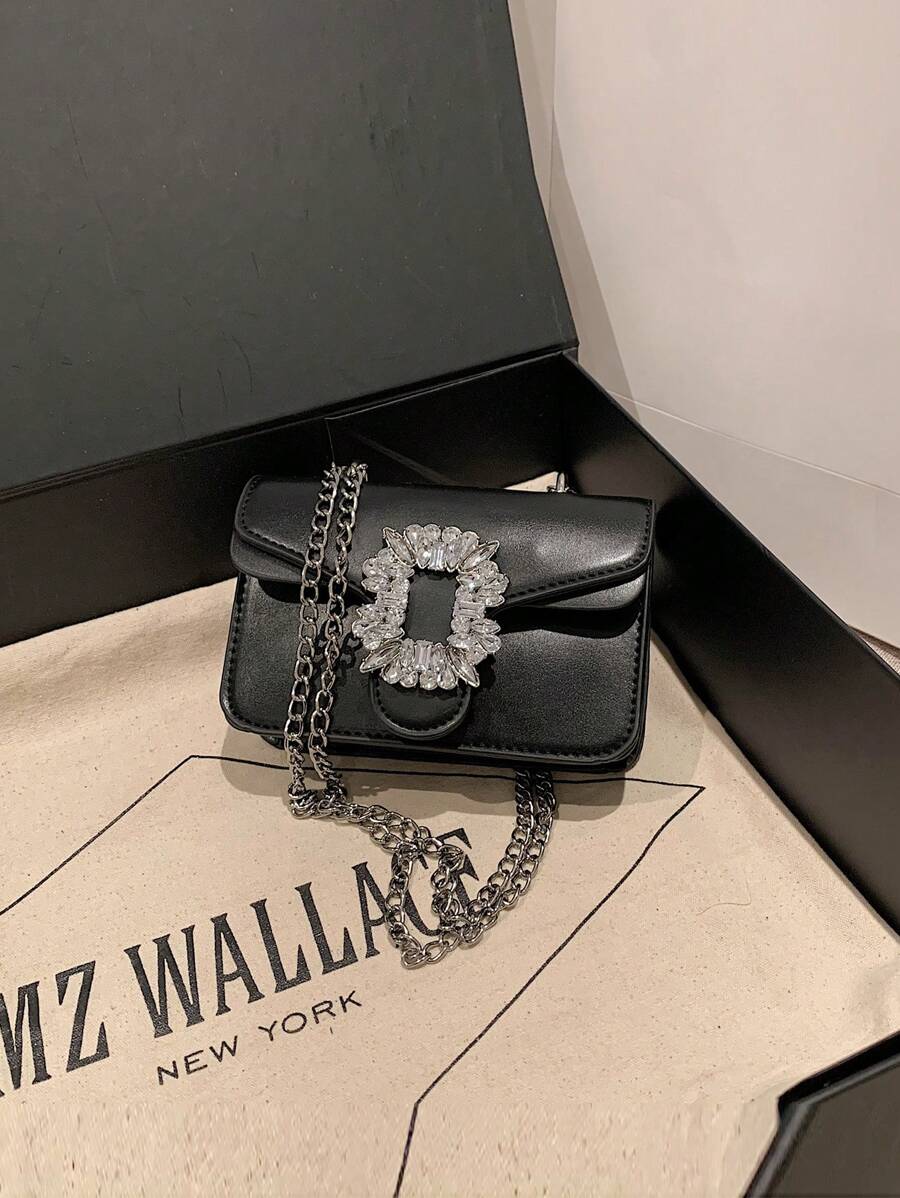 迷你水钻金属装饰斜挎包，时尚翻盖腋下包，配金属链条肩带，女士时尚钱包圣诞礼物 - 黑色 - 查看 1
