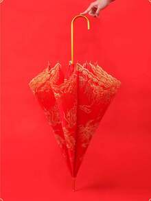 1 pieza Paraguas de boda auspicioso de doble capa con dragón y fénix rojos - Rojo - Ver 5