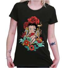 Betty Boop Womens Fitted Graphic Tee Shirt Cute Vintage Retro Animated Sassy Cartoon Character Horseshoe Tattoo Rose Ladies Casual Slim Fit Fashion Cotton Printed Short Sleeve Crewneck Tshirt - màu đen - Xem 1