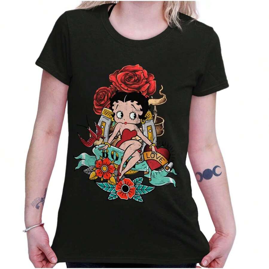 Betty Boop Womens Fitted Graphic Tee Shirt Cute Vintage Retro Animated Sassy Cartoon Character Horseshoe Tattoo Rose Ladies Casual Slim Fit Fashion Cotton Printed Short Sleeve Crewneck Tshirt - màu đen - Xem 1