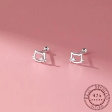 1 Pair Of S999 Silver Cat Shaped Ear Bones With  Screw Stud Earrings, Suitable For Female Students As Gift On Mother's Day - XY-143 - View 8