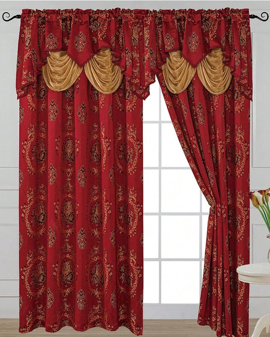 1pc Luxury Fancy Jacquard Room Darkening Modern Curtain Panel 54 By 84-Inch With Attached Waterfall Valance Modern Semi-Blackout For Living Room Bedroom And Dining Room Many Colors To Choose From Dusty Rose Gold Light Taupe And Burgundy. - Màu Đỏ Sâu - Xem 1