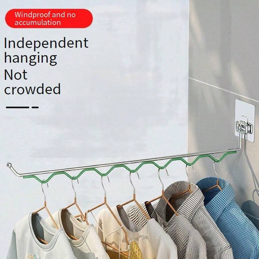 1pc Stainless Steel Foldable Windproof Hanger With Non-Slip Function For Wall Hanging, Adhesive Balcony Drying Tool - Silver - View 1