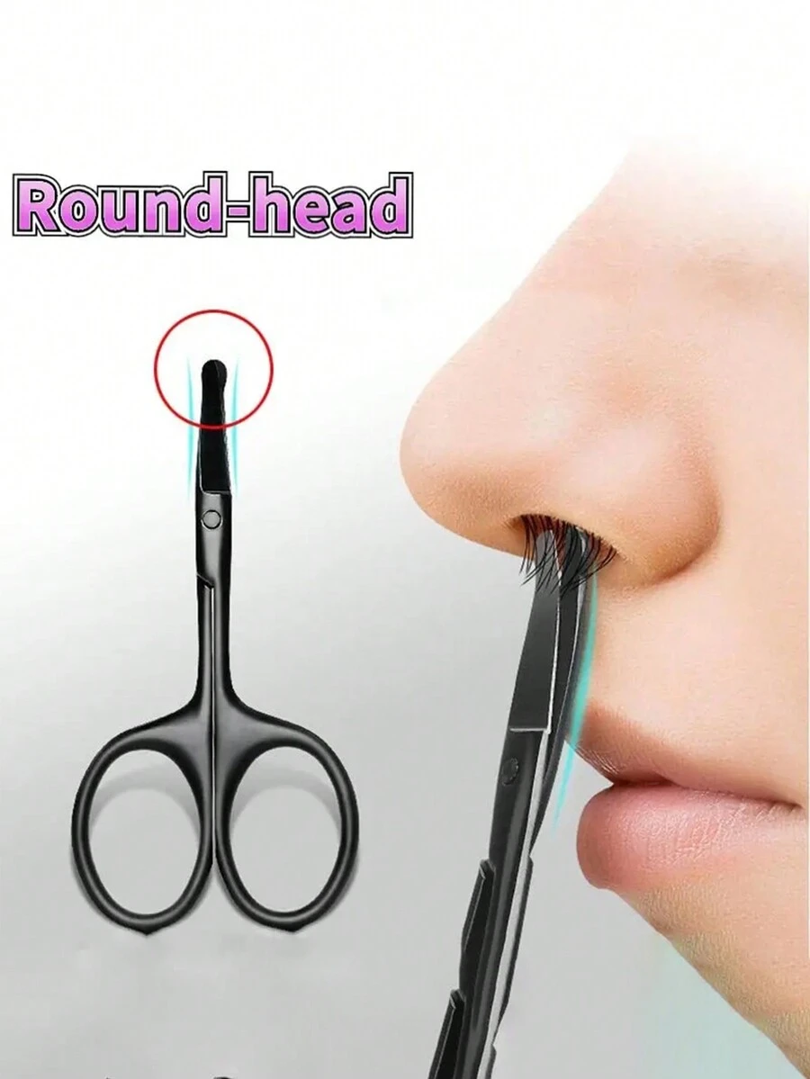 1pc Unisex Stainless Steel Black Rounded Tip Safety Nose Hair Scissors, Multi-Purpose Curved Small Scissors - Multicolor - View 1