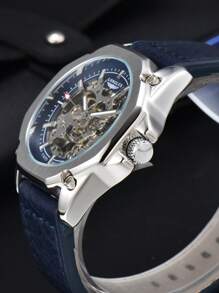 LONGLUX 1pc Men's Hollow Automatic Mechanical Waterproof Leather Band Casual Watch