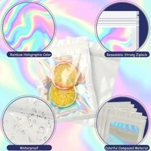 30入組密封不透氣Mylar袋，可重新密封防臭袋，全彩光學全息印刷包裝袋，帶透明窗口，可用於食品儲存，睫毛，珠寶，糖果，電子產品儲藏 - 白色 - 查看 2