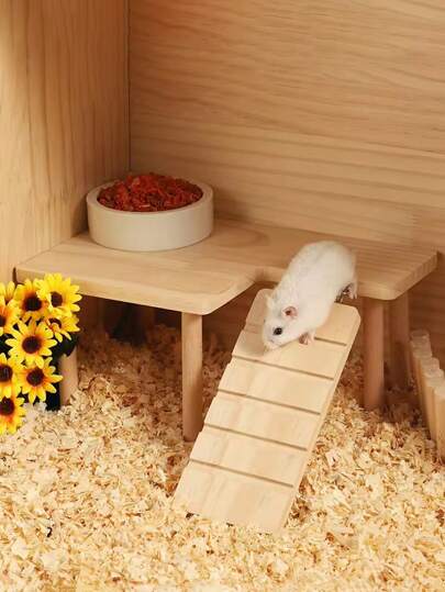 1 set de mesa de plataforma de 2 niveles de madera con escalera, adecuada para hámsteres, chinchillas, conejillos de indias, hámsteres dorados, escaleras para trepar y casa escondite, aplicable para mascotas pequeñas durante todo el año