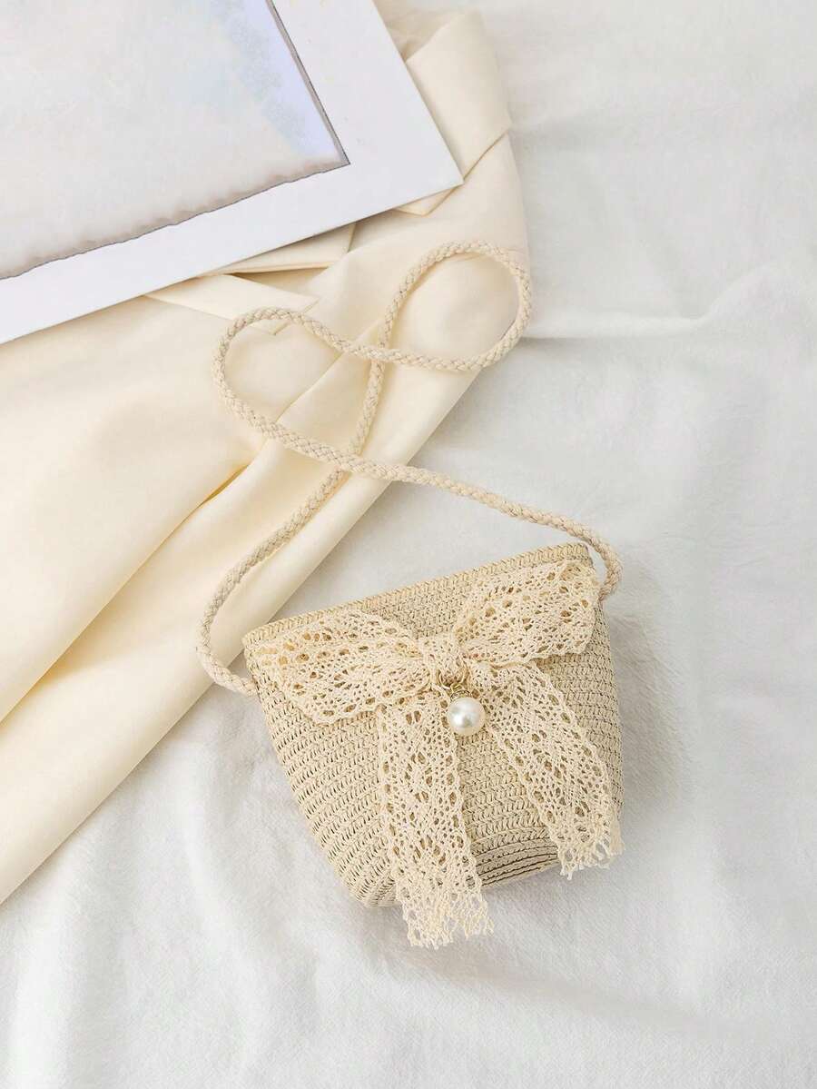 Túi rơm trang trí nơ đáng yêu bên bờ biển Túi đeo chéo thời trang có thể gập lại cho kỳ nghỉ - Màu be - Xem 1