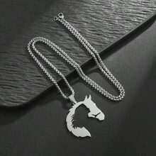 1pc Hip-Hop Hollow Stainless Steel Horse Head Animal Pendant Necklace, Perfect For Men Daily Wear