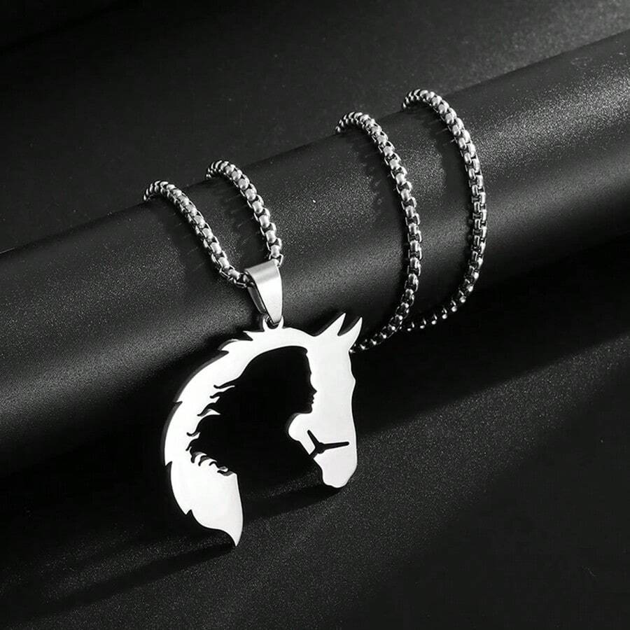1pc Hip-Hop Hollow Stainless Steel Horse Head Animal Pendant Necklace, Perfect For Men Daily Wear