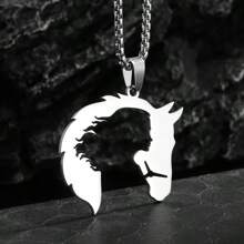 1pc Hip-Hop Hollow Stainless Steel Horse Head Animal Pendant Necklace, Perfect For Men Daily Wear