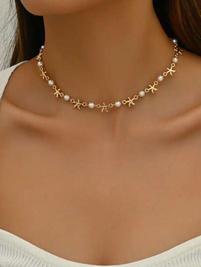 1 pieza Collar de mujer con forma de estrella de mar de perlas falsas estilo océano de verano hecho a mano en dorado, elegante y delicado, adecuado para uso diario, viajes a la playa, citas, regalo