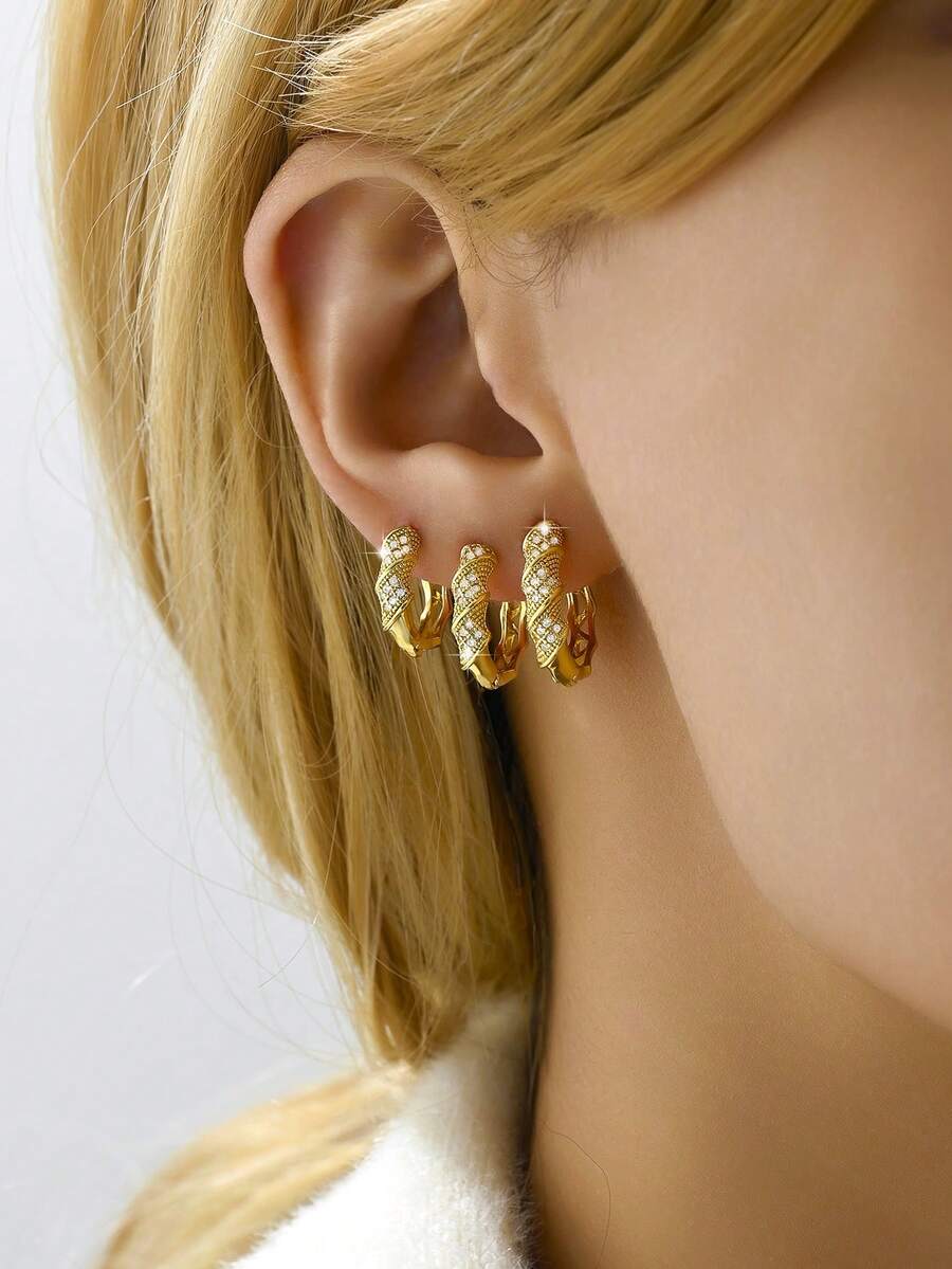 6 件不对称螺旋设计环形耳环套装，简约高端耳环配饰，女士节日装饰礼物 - 金黃色 - 查看 1