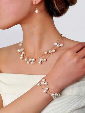 3pcs/Set Fashion Faux Pearl Milky Way Star Design Necklace, Earrings And Bracelet Jewelry Set For Women