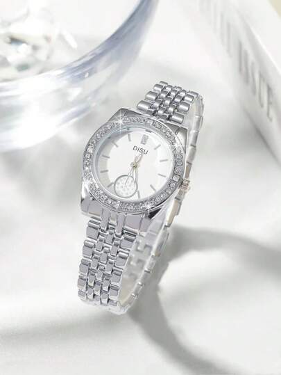 DISU 1 pièce Montre en acier inoxydable doré pour femmes de style classique d'entreprise à quartz avec strass, convient pour la vie quotidienne