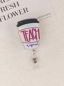 1pc Retractable ID Badge Holder With Letter, Teacher, Apple, Pen, Coffee Elements, Suitable As Teacher Gift Or Student Daily Wear