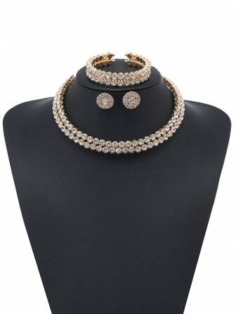 4pcs/Set Elegant Rhinestone Gold Plated Round Collar Necklace Bracelet Earrings Set For Women's Evening Party