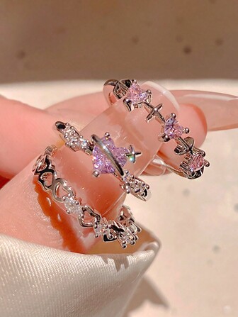 3pcs/Set Sweet & Cool Lady Pink Gemstone Inlaid Heart Adjustable Ring Set, Women Personalized Chic Jewelry Valentines,Mom,Mother,Mother's Day,Gift