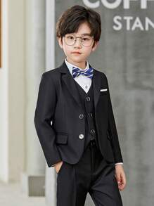 3pcs Young Boy Suit Set: Jacket, Pants, Bow Tie - Wedding, Party, Performance Attire, Spring & Fall - Black - View 2