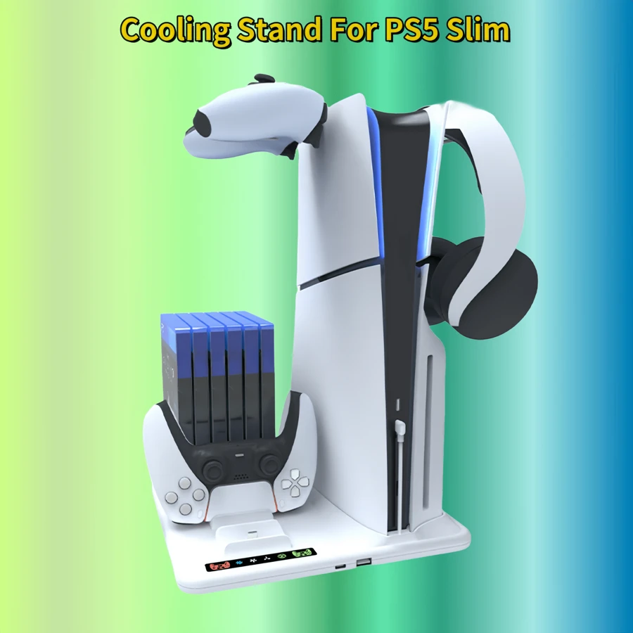 Cooling Stand For Playstation5 Slim Cooling Station With Dual Controller Charging Base For Playstation 5 Slim Disc And Digital, Handle Charger Station, Cooling Fan, Headset Holder