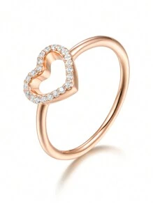 Nhẫn hình trái tim dát bạc 925 Sterling 5A Cubic Zirconia, thích hợp để đính hôn, quà tặng ngày lễ tình nhân - Hoa hồng vàng - Xem 1