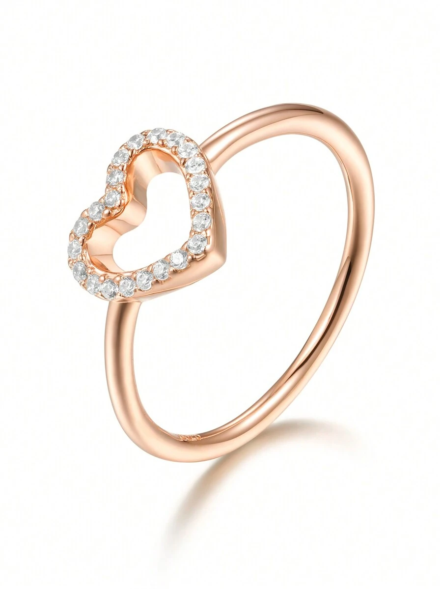 Nhẫn hình trái tim dát bạc 925 Sterling 5A Cubic Zirconia, thích hợp để đính hôn, quà tặng ngày lễ tình nhân - Hoa hồng vàng - Xem 1