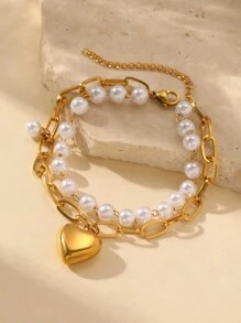 Aomogo 1 Stück französisches elegantes Armband aus Edelstahl mit doppellagigem Perlenherzanhänger, geeignet für den täglichen Gebrauch und Geschenke für Frauen. - Armband - Übersicht 6