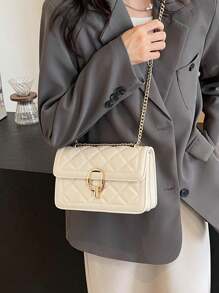 New Fashion Solid Color Square Crossbody Bag With Chain Strap For Women - Beige - View 3