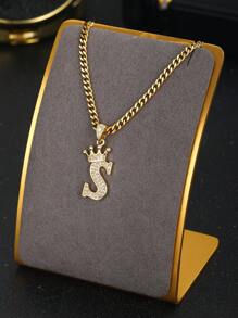 1pc Initial Lettet & Crown Pendant Chain Necklace A-Z Customized Name Alphabet Necklace For Boys Girls Family Friends Birthday Gift