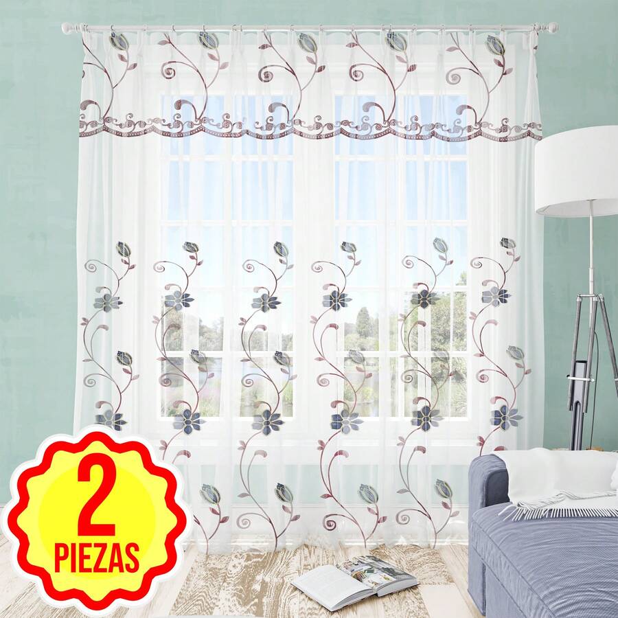 2 piezas de cortina Voile semitransparente con bordados florales. Cortinas frescas y ligeras de 137 * 230 cm - Azul - Ver 1