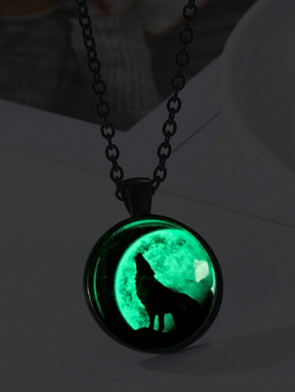 Colar Lobo de Uma Peça Colar Cabochão Preto Lobo Luminoso Para Homens, Brilha No Escuro, Presente Para o Pai