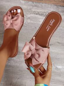 Women's Summer Bow Tie Comfortable Sandals, Casual Open Toe Flat Fashion Slippers, Round Toe Fabric Outdoor Beach Shoes - Pink - View 2