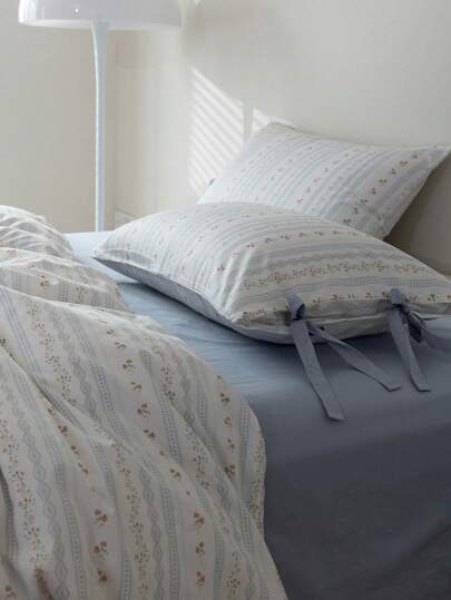 طقم سرير (1غطاء لحاف + 2كيس وسادة) طراز كوري بنمط زهور عتيق وفيونكة 3قطع ، مجموعة لحاف من الريش