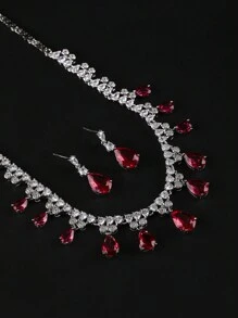 1套3入組豪華珠寶風格鋯石婚禮項鍊和耳環套裝，適用於新娘裝飾配件 - 豪華套裝 - 查看 8