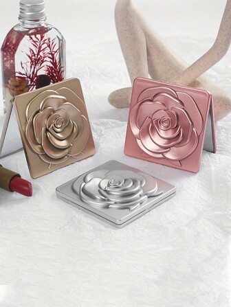 1/2 件玫瑰设计小巧化妆镜，优雅方形旅行化妆镜，适用于口袋、钱包或手提包，便携式折叠手持化妆镜，适合女性和女孩的礼物