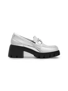 Women's Platform Loafers 2.17 Inch Chunky Heel Round Toe Slip-On Loafers, Casual Vintage Elegant Pumps Shoes - 銀色 - 查看 6