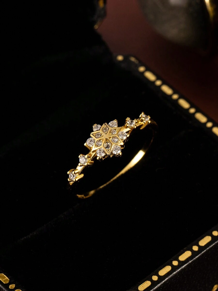 Flyleaf 1Pc 925 Bạc Phong Cách Sang Trọng Mạ Vàng 18K Nhân Tạo Đính Đá Cubic Zirconia Hình Bông Tuyết Mở Nhẫn Cho Nữ, Trang Sức Cao Cấp Cho Tiệc & Tiệc - Vàng - Xem 1