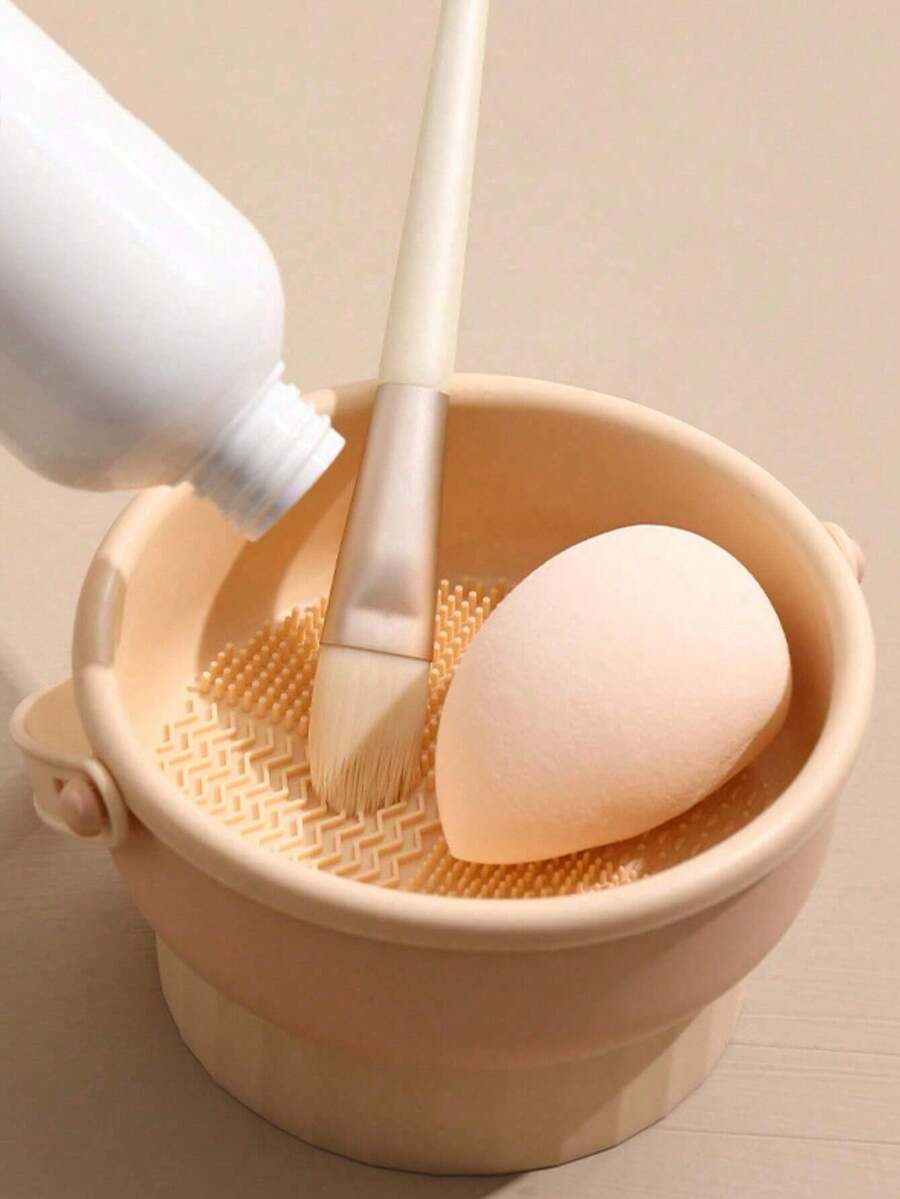 1入組化妝刷清潔盒矽膠粉撲和美妝海綿清潔工具，化妝刷清洗碗，美妝蛋清潔工具，帶有晾乾架和組織架 - 膚色 - 查看 1